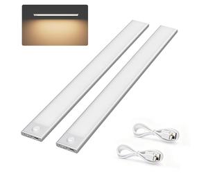Klighten 2 Pcs 40cm Lampe de Placard Sans Fil, Lampe Cuisine sous Meuble avec Detecteur Mouvement, 3 Modes, Reglette LED Magnétique Rechargeable USB, 2200mAh, 73 LEDs, Blanc chaud 3000K, Argent