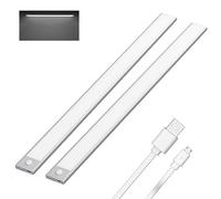 Klighten 2 Pcs 60cm Lampe de Placard Sans Fil, Lampe Cuisine sous Meuble avec Detecteur Mouvement, 3 Modes, Reglette LED Magnétique Rechargeable USB, 3200mAh, 113 LEDs, Blanc froid 6000K, Argent