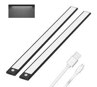 Klighten 2 Pcs 60cm Lampe de Placard Sans Fil, Lampe Cuisine sous Meuble avec Detecteur Mouvement, 3 Modes, Reglette LED Magnétique Rechargeable USB, 3200mAh, 113 LEDs, Blanc froid 6000K, Noir