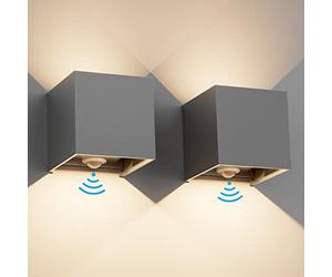 Klighten 2 PCS Applique avec détecteur de mouvement 12W, Applique murale exterieur/interieur,IP65, Applique détecteur de mouvement Angle de Rayonnement Réglable, 3000K Gris foncé