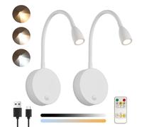 Klighten 2 Pcs Lampe de Lecture Murale Sans fil Dimmable avec Télécommande, Batterie 2W LED Lampe Chevet Murale, Réglable Applique Liseuse Rechargeable USB, 200LM, 3000/4500/6000K, Blanc