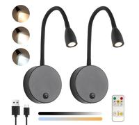 Klighten 2 Pcs Lampe de Lecture Murale Sans fil Dimmable avec Télécommande, Batterie 2W LED Lampe Chevet Murale, Réglable Applique Liseuse Interieur Rechargeable USB, 200LM, 3000/4500/6000K, Noir