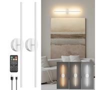 Klighten Lot de 2 lampe murale dimmable LED sans fil de 5W, 71cm blanc applique murale rechargeable avec télécommande, pour chambre à coucher, salon, escalier, 3000K/4000K/6000K