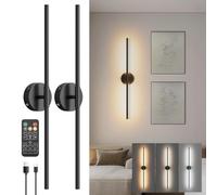 Klighten Lot de 2 lampe murale dimmable LED sans fil de 5W, 71cm noir applique murale rechargeable avec télécommande, pour chambre à coucher, salon, escalier, 3000K/4000K/6000K