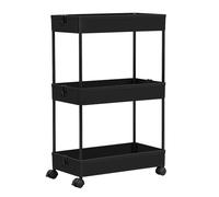 Klihome Chariot de Rangement 3 Niveaux, Desserte à roulettes, Appoint avec Paniers Évidés, 4 Crochets, 2 Freins, Multi-usages pour Cuisine et Salle de Bain, en Plastique et Métal, Noir