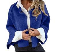 Klijuiaup Cape courte en laine mélangée pour femme - Léger - Ouvert sur le devant - Avec bouton sur le devant - Cardigan court pour femme - Manteau Wimter - Veste de travail ou de bureau, bleu, M