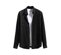 Klijuiaup Chemise vintage boutonnée à manches longues pour homme, coupe ample, tricotée au crochet, chemises décontractées à col cubain, taille britannique, expédition 7 jours, Noir , L