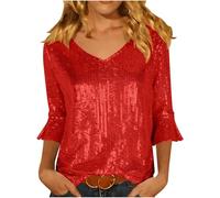 Klijuiaup Haut scintillant pour femme - Chemisier à paillettes brillantes - Haut habillé à manches courtes et col en V - Volants - Ample - Pour mariage, sortie, bal de fin d'année, cocktail - Taille S