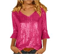 Klijuiaup Haut scintillant pour femme - Chemisier à paillettes brillantes - Haut habillé à manches courtes et col en V - Volants - Ample - Pour mariage, sortie, bal de fin d'année, cocktail - Taille S