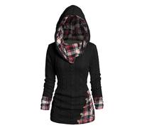 Klijuiaup Long pull à capuche tricoté pour femme motif jacquard écossais polaire épissure pull chemises dames automne hiver thermique vêtements d'extérieur pulls, Noir , M