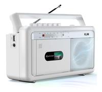 KLIM Lecteur Cassette Audio Boombox, Radio AM/FM, Bluetooth, Enregistreur Cassette, USB, Haut-Parleur, Prise Casque, Secteur ou Piles, Design Portable Rétro - Blanc Givré