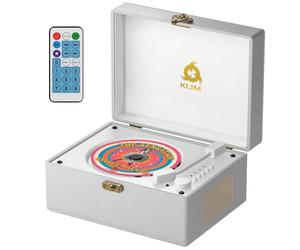 KLIM Retro CD Player - Lecteur CD Vintage avec Enceintes, récepteur Bluetooth, AUX, USB, Batterie Rechargeable, Design Platine Vinyle, Poste CD décoratif Compact - Blanc