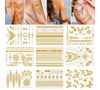 KLINNA Lot de 9 feuilles de tatouages temporaires - Doré métallisé - Pour femme et adulte - Paillettes - Pour fête et plage - Accessoires imperméables - Pour femme et fille