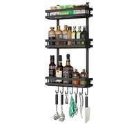 Klivien - Étagère suspendue de cuisine - Pour réfrigérateur - Rangement d'épices - En métal - Sans perçage - Multifonction, à 3 couches - Avec tringle de cuisine et 7 crochets (noire)