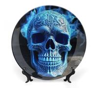 KLJHNVBM Assiette décorative en porcelaine anglaise avec motif tête de mort bleue de 20,3 cm avec présentoir - Assiettes en porcelaine à suspendre au mur pour la maison et le bureau