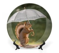 KLJHNVBM Assiette décorative en porcelaine anglaise en forme d'écureuil tenant un parapluie de 15,2 cm avec présentoir - Assiettes en porcelaine à suspendre au mur pour la maison et le bureau