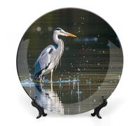 KLJHNVBM Assiette décorative en porcelaine anglaise imprimée héron gris dans l'eau 25,4 cm avec présentoir - Assiettes en porcelaine à suspendre au mur pour la maison et le bureau