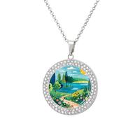 KLJHNVBM Collier ras du cou en alliage multicolore avec motif de peinture de paysage rural, collier ras du cou à motifs ronds, bijoux tendance, cadeau pour elle maman et épouse, One size, Métal, Pas