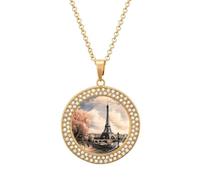 KLJHNVBM Collier ras du cou vintage Tour Eiffel Paris multicolore en alliage de diamants avec pendentif rond à motifs bijoux tendance cadeau pour elle maman et épouse, One size, Métal, Pas de pierre