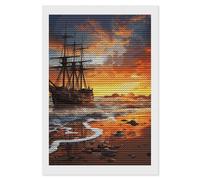 KLJHNVBM Kit de peinture diamant 5D avec motif bateau pirate au coucher du soleil pour débutants, décoration murale d'intérieur et cadeau, 20,3 x 30,5 cm