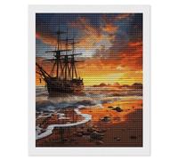 KLJHNVBM Kit de peinture diamant 5D avec motif bateau pirate au coucher du soleil pour débutants, décoration murale d'intérieur et cadeau, 40,6 x 50,8 cm