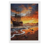 KLJHNVBM Kit de peinture diamant 5D avec motif bateau pirate au coucher du soleil pour débutants, décoration murale d'intérieur et cadeau, 30,5 x 40,6 cm