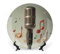 KLJHNVBM Microphone avec note de musique - Assiette décorative en porcelaine anglaise de 17,8 cm - Assiette décorative en céramique avec présentoir - Assiettes en porcelaine à suspendre au mur pour la
