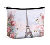KLJHNVBM Trousse de maquillage de voyage portable, organiseur de cosmétiques léger avec fermeture éclair étanche, trousse de toilette en cuir PU, tour Eiffel Paris avec fleurs, trousse de maquillage
