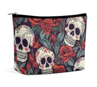 KLJHNVBM Trousse de maquillage de voyage portable, organiseur de cosmétiques léger avec fermeture éclair étanche, trousse de toilette en cuir PU, crânes en sucre et roses rouges pour femme