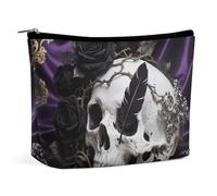 KLJHNVBM Trousse de maquillage de voyage portable, organiseur de cosmétiques léger avec fermeture éclair étanche, trousse de toilette en cuir synthétique, trousse de toilette noire motif tête de mort