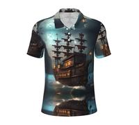 KLJnmbb Polo respirant imprimé bateau pirate fantaisie hommes élégant manches courtes sorties décontractées cadeaux fête des pères, Noir , XL