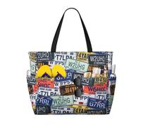 KLJnmbb Sac de voyage imperméable avec plusieurs poches et imprimé plaque d'immatriculation - Léger et pliable - Réutilisable