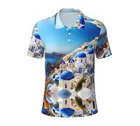 KLJnmbb Santorini Grecque Island Sea View Print Polo respirant pour homme élégant à manches courtes sorties décontractées Cadeaux de fête des pères, Noir , M