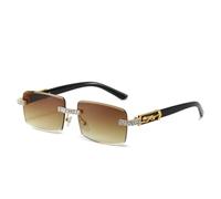 KLKLKTT Lunettes de soleil de luxe sans monture pour femme, rectangulaires, style vintage chic, ornées de strass et d'un motif léopard en métal.