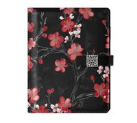 KLL Carnet à spirale ligné en cuir pour collège avec couverture imperméable Motif fleurs de cerisier japonaises Noir et rouge 17 x 24 cm