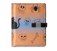 KLL Carnet à spirale ligné en cuir pour journal intime portable Halloween Chat noir Tête de mort 17 x 24 cm