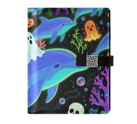 KLL Carnet de notes à spirale doublé en cuir pour collège - Couverture imperméable pour Halloween - Bleu - Dauphin - Citrouille - Crâne - 17 x 24 cm