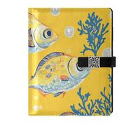 KLL Carnet de notes à spirale ligné en cuir pour collège avec couverture imperméable Motif poissons pompano Jaune 17 x 24 cm