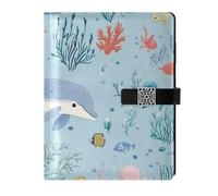 KLL Carnet ligné en cuir ligné pour planifier des animaux océaniques, dauphins, poissons, 17 x 24 cm