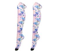 KLL Chaussettes hautes douces pour femme avec fleurs bleues et rayures roses aquarelle - Chaussettes hautes anti-crochet pour le bureau - Jambières pour les fêtes - Calcetines de rodilla para mujer 1