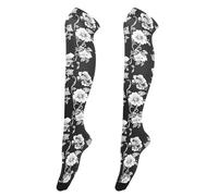 KLL Chaussettes montantes pour femme, motif fleurs dessinées à la main, noires, extra longues pour fashionistas, jambières des années 80, pour un usage quotidien, cosplay médias para pantalon de mujer