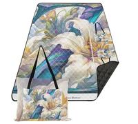 KLL Floralmorphic Lettre Z Blanc Lys Fleur Peinture à l'huile Style Panier de pique-nique Imperméable Mignon Parc Plage Pique-nique pour 8 à 10 Adultes Couverture de concert Manta Para Picnic Campo