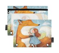 KLL Fox Little Girl Trousse à crayons bleue pour classeur avec 3 trous pour enfants, maison, voyage, cartes de rangement