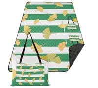 KLL Grand panier de pique-nique imperméable à rayures vertes et blanches avec feuilles de ginkgo biloba - Couverture de pelouse pour l'extérieur - Cadeau de printemps