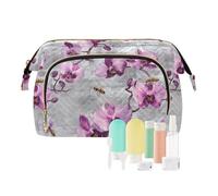 KLL Grande trousse de maquillage argentée avec fermeture éclair - Motif fleurs d'orchidée