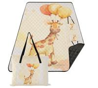 KLL Jolie girafe de dessin animé tenant des ballons - Accessoires de plage imperméables - Couverture de pique-nique pliable pour la randonnée, les articles de pique-nique au sol