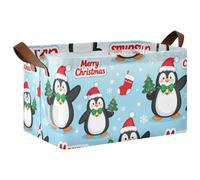 KLL Lot de 2 grands paniers de rangement rectangulaires bleus avec poignées, motif pingouin mignon pour organiseurs de vêtements et rangement