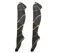 KLL Paire de chaussettes au-dessus du genou en marbre noir et doré pour femme - Chaussettes hautes confortables pour danseurs - Jambières pour homme - Pour Halloween, cosplay, fête, festival, médias