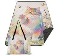 KLL Panier de pique-nique imperméable et résistant au sable pour femme - Motif chat et fleurs arc-en-ciel