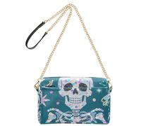 KLL Petit sac à bandoulière en cuir végétalien imperméable avec motif tête de mort à paillettes et paillettes bleues